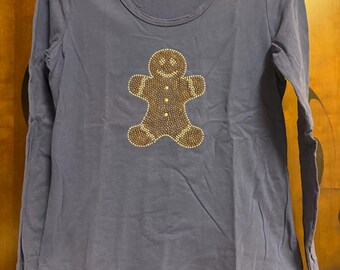 Vintage Laura Scott Embellished Gingerbread Man T-Shirt-Navy w/ Copper & Silver Embellishments-Size Small