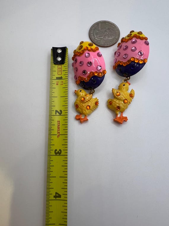 Vintage Easter Earrings-Easter Egg with Chick-Emb… - image 6