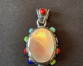 Vintage Sterling Silver Mother of Pearl and Multi-Stone Southwest Pendant