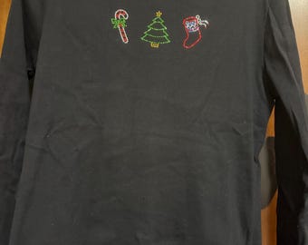 Vintage Carolyn Taylor Embellished Christmas Theme T-Shirt-Black w/ Candy Cane, X-Mas Tree & Stocking Embellishments-Size Small
