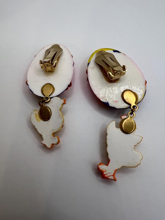 Vintage Easter Earrings-Easter Egg with Chick-Emb… - image 5