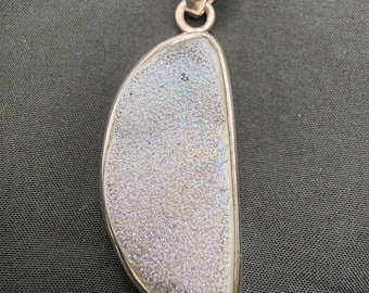 Vintage Sterling Silver and Druzy Crescent Shaped Pendant