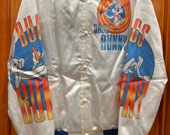 Chaqueta bomber vintage de satén de Bugs Bunny Chalkline de los años 90, color blanco, talla grande para adulto