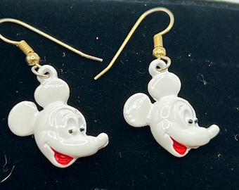Vintage Mickey Mouse Earrings-White Enamel-Pierced