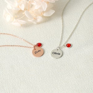 Collar redondo personalizado con piedra natal de plata S925, Nombre personalizable, Redondo simple, Diseño atmosférico, Regalo para ella en ocasiones especiales