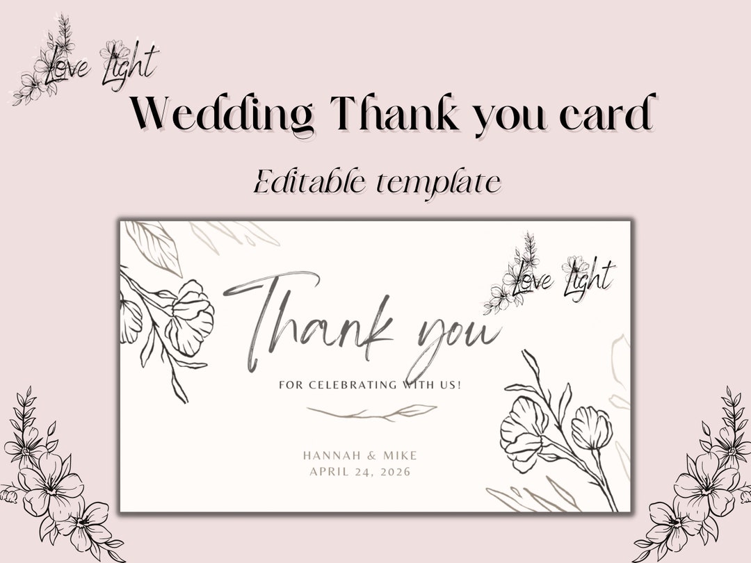 Wedding Thank You Card Template - Etsy