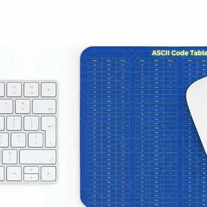 Könnte beinhalten: Eine blaue Mausmatte mit einer weißen Computermaus darauf. Die Mausmatte hat ein Gittermuster und den Text "ASCII Code Table" darauf gedruckt.