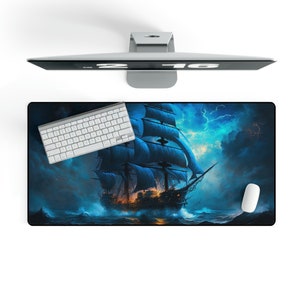 Galleon, Blue, Lightning, XXL Mouse Pad, Sea, Desk Mats, Mouse Pad XXL Ship, Desk Mat