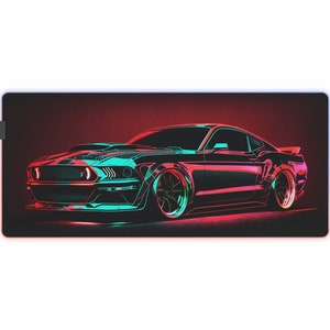 Mustang LED gaming muismat (met verlichting via USB), XXL muismat Ford Mustang, bureauonderlegger Ford Mustang