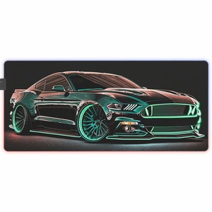 Mustang LED gaming-muismat met verlichting via USB, XXL-muismat Ford Mustang, bureau-onderlegger Ford Mustang, gaming-muismat, kantoor