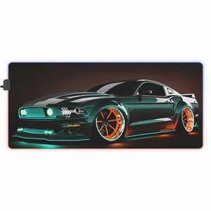 Mustang LED gaming muismat (met verlichting via USB) bureauonderlegger, XXL muismat Ford Mustang, bureauonderlegger Ford Mustang