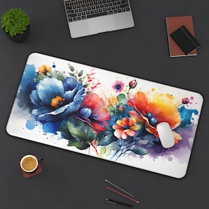 Watercolor Plants Mouse Pad, XXL Watercolor Flowers Desk Mat, Flowers, Watercolor,Floral Large Mousepad Desk Accessories Decor