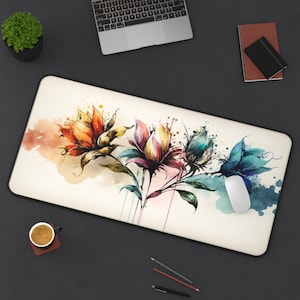 Watercolor Plants Mouse Pad, XXL Watercolor Flowers Desk Mat, Flowers, Watercolor,Floral Large Mousepad Desk Accessories Decor