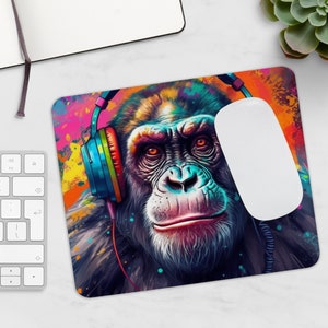 Mauspad Affe mit Kophörern, Mauspad, Affe, Geschenkidee, gaming mauspad, kleines Mauspad