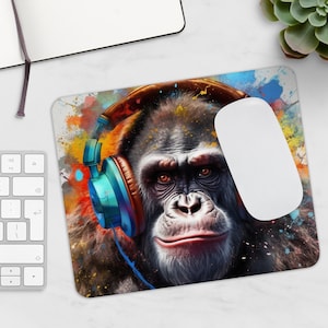Mauspad Affe mit Kophörern, Mauspad, Affe, Geschenkidee, gaming mauspad, kleines Mauspad