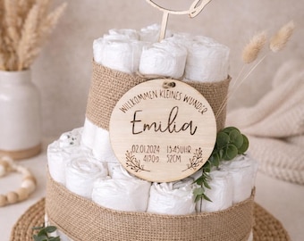 Tarta de pañales boho moderna para bebé, regalo de nacimiento