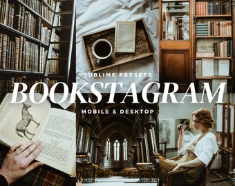 May include: A collage featuring a library, a tray with coffee and a book, an open book with a zebra illustration, and a woman in a studio. The text "BOOKSTAGRAM" and "MOBILE & DESKTOP" is overlaid on the image.