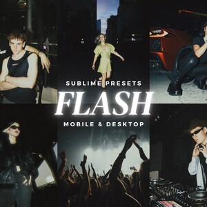 May include: A promotional image for "Sublime Presets Flash" for mobile and desktop. The image is a collage of photos featuring people in different settings, including a city street, a concert, and a DJ setup. The word "FLASH" is displayed.