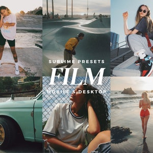May include: A collage of images featuring a vintage car, a person wearing a white shirt and black shorts, a person wearing a grey shirt and jeans, a person wearing a red bikini, and a person wearing a yellow shirt. The text "Sublime Presets Film Mobile & Desktop" is displayed in the centre of the collage.