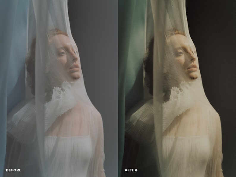 May include: A person with red hair is partially obscured by a sheer white fabric. The fabric has a ruffled edge and is draped over the person's head and shoulders. The background is a soft gray.