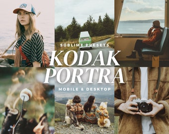 May include: A collage of lifestyle images with a vintage aesthetic. The images include a person by the water, a green van on a road, a person looking out a train window, a marshmallow roasting over a fire, people with dogs, and a person holding a camera. Text reads "KODAK PORTRA".