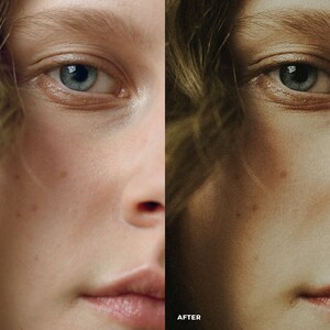 May include: Close-up of a woman's face with a soft focus effect. The image shows her eye, cheek, and mouth. The image is split into two sections, with the left side showing the original image and the right side showing the image after a filter has been applied.