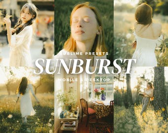 10 Sunburst Lightroom Mobile & Desktop Presets, Bright Airy, Film Look, Muted Tones, Grainy Filters