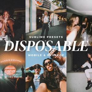 May include: A collection of lifestyle photographs with a retro feel. The word "DISPOSABLE" is in white, with "MOBILE & DESKTOP" below. The images show people in different settings, including a concert and outdoor locations, all with a vintage aesthetic.