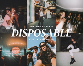 Pode incluir: Uma colagem de fotos de estilo de vida com uma estética vintage. A palavra "DISPOSABLE" é exibida em branco, juntamente com "MOBILE & DESKTOP" em texto menor. As imagens apresentam pessoas em vários ambientes, incluindo um concerto e cenas ao ar livre.