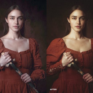 May include: A woman in a red dress holds a silver dagger with a jeweled handle. The background is a dark brown.