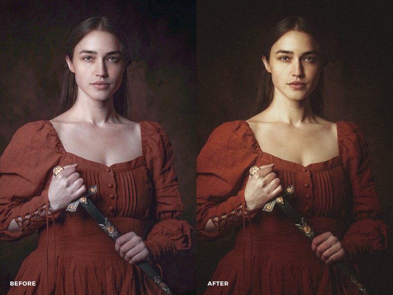 May include: A woman in a red dress holds a silver dagger with a jeweled handle. The background is a dark brown.