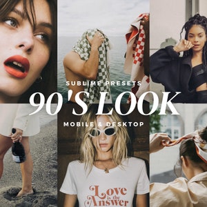 May include: A collage of images with a 90's aesthetic. The images include a woman with red lipstick, a person with a checkered towel, a woman in a black outfit, a person with sunglasses, and a person with a scarf. Text reads "Sublime Presets" and "90's Look".