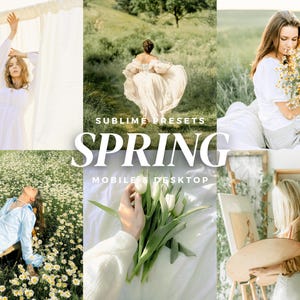Peut inclure: Un collage d'images sur le thème du printemps. L'image centrale présente le mot "SPRING" en grandes lettres blanches, avec "SUBLIME PRESETS" et "MOBILE & DESKTOP" au-dessus et en dessous. D'autres images montrent des personnes dans la nature, des fleurs et des activités artistiques.