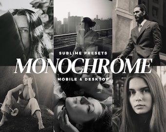 10 Monochrome Lightroom Mobile & Desktop Presets, Classic Film, Grainy, BW, Cinematic Vintage Camera Filters