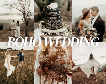 May include: A collage of images with a boho wedding theme. The images include a tiered black cake with gold accents, a couple embracing, a bride and groom walking in a field, and a bride with a bouquet. The text "BOHO WEDDING" is displayed.