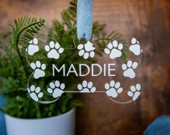 Dog Bone Ornament with Name | Paw Print Pattern | Personalized Dog Christmas Ornament