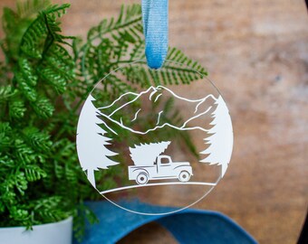 Christmas Tree Truck Ornament | Classic Christmas Truck Ornament with Mountains
