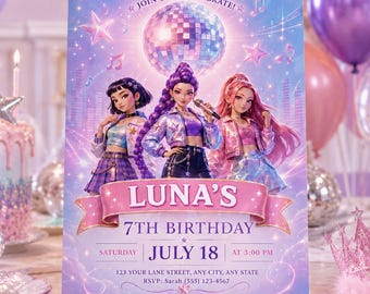 Invitación de cumpleaños de cazadores de demonios de K-Pop, plantilla editable de Canva, invitación de fiesta de 5x7 (descarga digital)