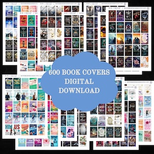 May include: A digital download of 600 book covers, displayed in a grid of small squares. The covers are a mix of fantasy, science fiction, and contemporary genres. The text "600 BOOK COVERS DIGITAL DOWNLOAD" is in a blue cloud shape in the center of the image.