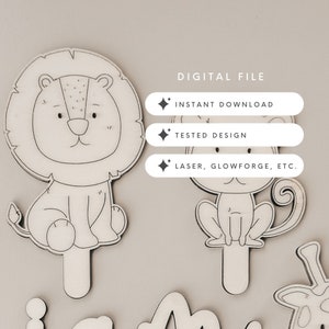 Décoration de gâteau Safari mignon, plans découpés au laser pour Lightburn, Glowforge, Xtool/animaux de safari SVG de décoration de joyeux anniversaire