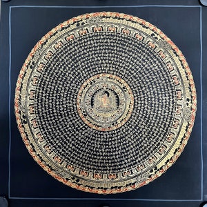 Premium Hand-Painted Manjushree Mantra Mandala Thangka Painting 40x40 cm -  - Perfect for Meditation, Yoga, and Home Decor