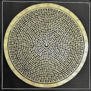 Echtes handgemaltes tibetisches Om Mantra Mandala Thangka Gemälde 50x50 cm - Perfekt für Meditation, Yoga und Dekoration