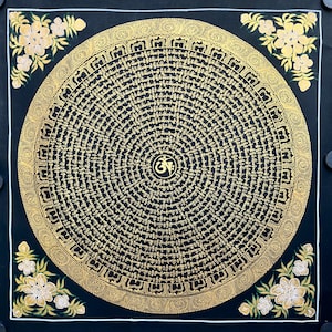 Genuine Hand-Painted Tibetan Om Mantra Mandala Thangka with Flowers Painting 50x50 cm - Perfect for Meditation, Yoga, and Home Decor