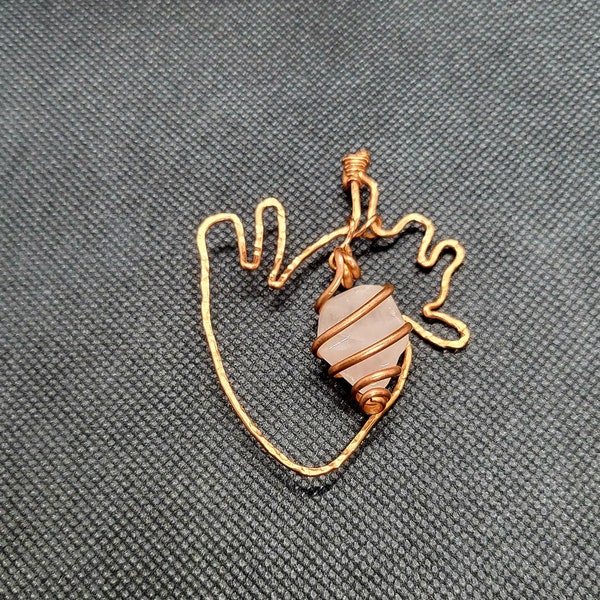 Anatomical heart copper pendant, wire wrapped rose quartz