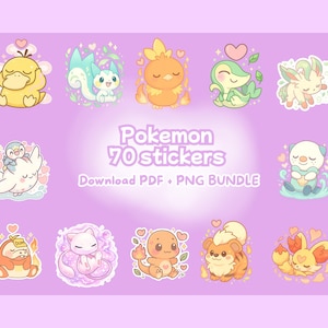 Op de afbeelding: Een verzameling van 10 kleurrijke Pokemon-stickers op een lichtpaarse achtergrond. Elke sticker toont een ander Pokemon-personage met een schattig ontwerp. De tekst "Pokemon 70 stickers" staat in het midden, met "Download PDF + PNG BUNDLE" eronder.
