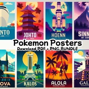 Op de afbeelding: Een verzameling van acht kleurrijke Pokemon-posters met verschillende regio's en bezienswaardigheden. Elke poster heeft een uniek ontwerp, waaronder een schip, pagode, raket, berg, brug, toren, eiland en stadion. De tekst "Pokemon Posters" en "Download PDF + PNG BUNDLE" zijn ook zichtbaar.