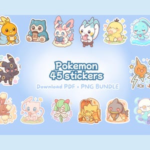 Op de afbeelding: Een verzameling van 45 Pokemon-stickers met verschillende personages in cartoonstijl. De stickers hebben zachte kleuren en details. De tekst "Pokemon 45 stickers" staat in het midden. Beschikbaar als PDF- en PNG-bundel.