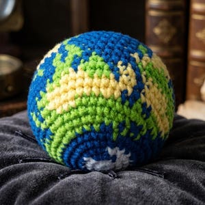 May include: A crocheted ball depicting the Earth, featuring blue oceans, green continents, and yellow landmasses. The handmade sphere rests on a dark gray, plush surface, with antique books and a compass in the background. A unique, decorative item.