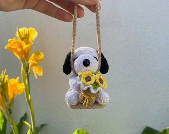 Snoopy häkeln Auto Charme, Snoopy Schaukel Rückspiegel hängen, handgemachte Sonnenblume Bouquet Auto-Dekor, nettes Amigurumi Geschenk