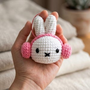 May include: A handmade crochet bunny with white body and ears, wearing pink earmuffs. The bunny has black eyes and a black cross for a mouth. The bunny is held in a hand.